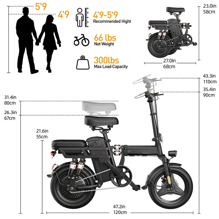 14'' Electric Bike for Adults 500W Motor 48V 20Ah Battery 45-Mile