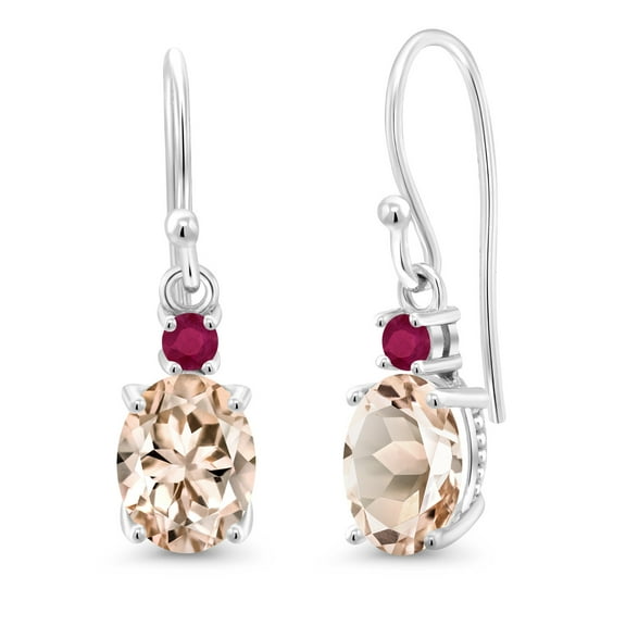 Gem Stone King 10K White Gold Peach Morganite and Red Ruby Dangle Earrings for Women (2.24 Cttw, Gemstone Birthstone, Oval 8x6mm)