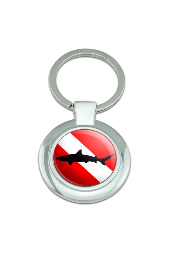 Diving Flag Scuba Diver Dive Shark Classy Round Chrome Plated Metal Keychain