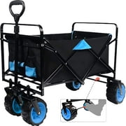 Collapsible Heavy Duty Beach Wagon Cart, Outdoor Folding Utility Camping Garden Beach Cart with Universal Wheels, Adjustable Handle Shopping Cart (Black&Blue)