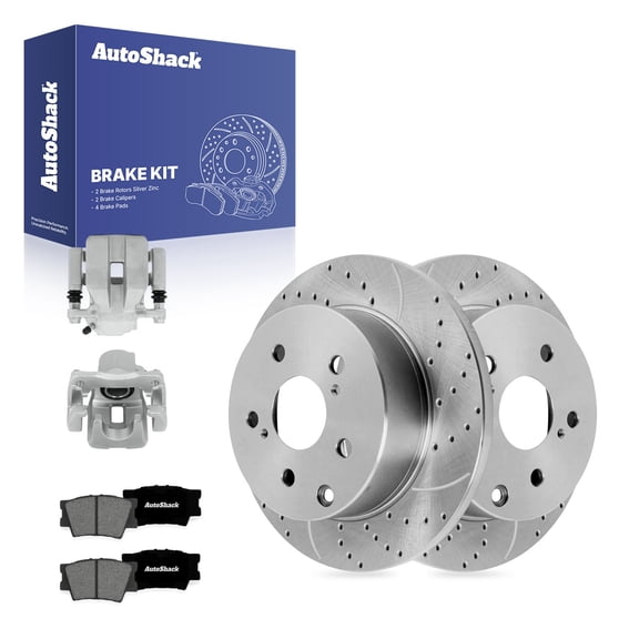 AutoShack Rear Solid Drilled & Slotted Silver Zinc Coated Brake Rotors   Premium Ceramic Pads   Calipers 8-PC Brake Kit Replacement for 2006-2012 Toyota RAV4 SilverShield Pro 11.06" (281 mm)