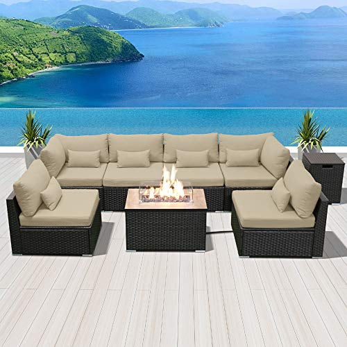 Dineli Patio Furniture Sectional Sofa With Gas Fire Pit Table Outdoor Sets Propane Light Beige Rectangular Firepit Com Dineli Patio Furniture Sectional Sofa, Patio Furniture Fire Pit Table Set