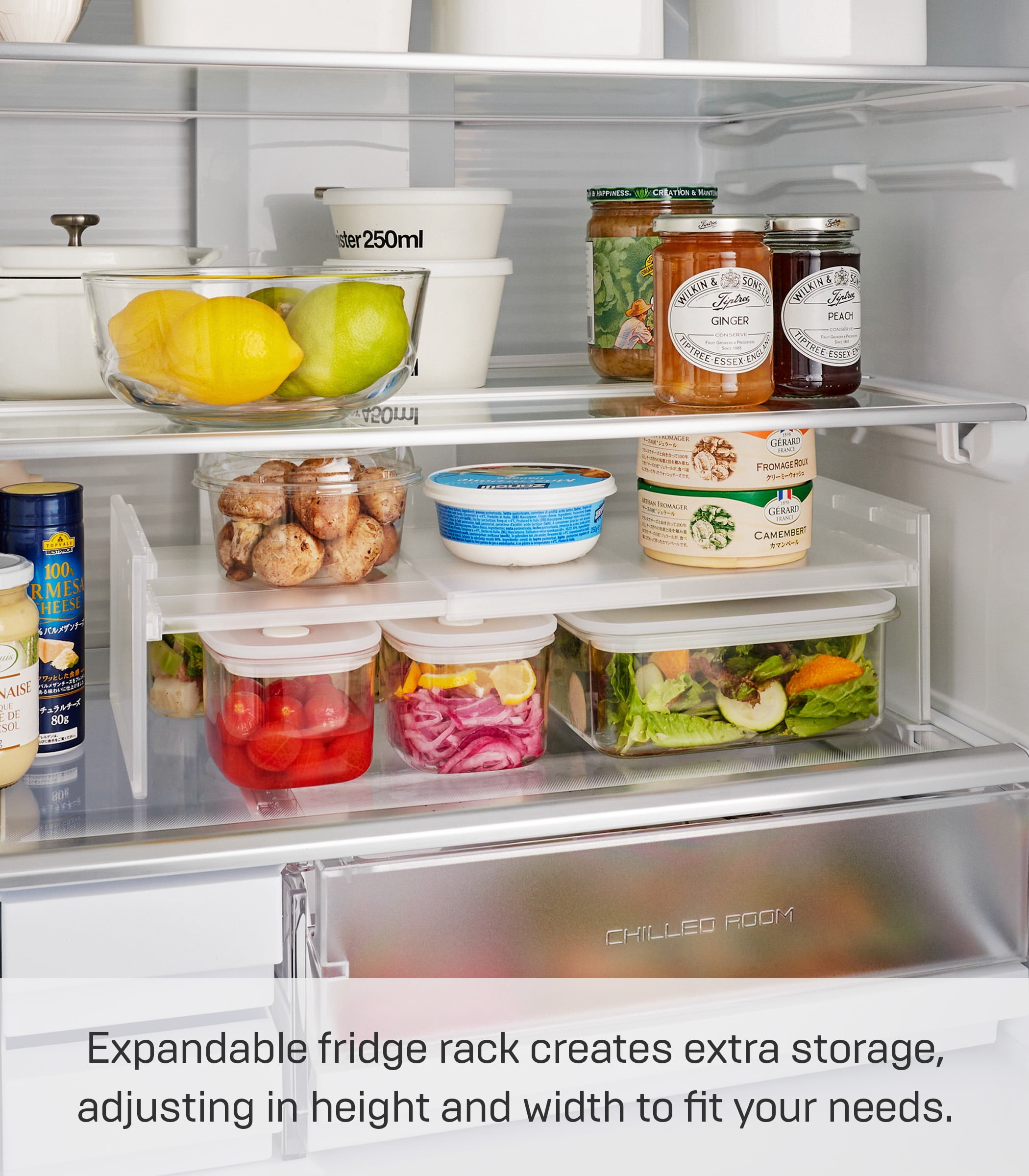 Yamazaki Home Two-Way Adjustable Refrigerator Shelf, White, Plastic, Expandable, Minimal Assembly