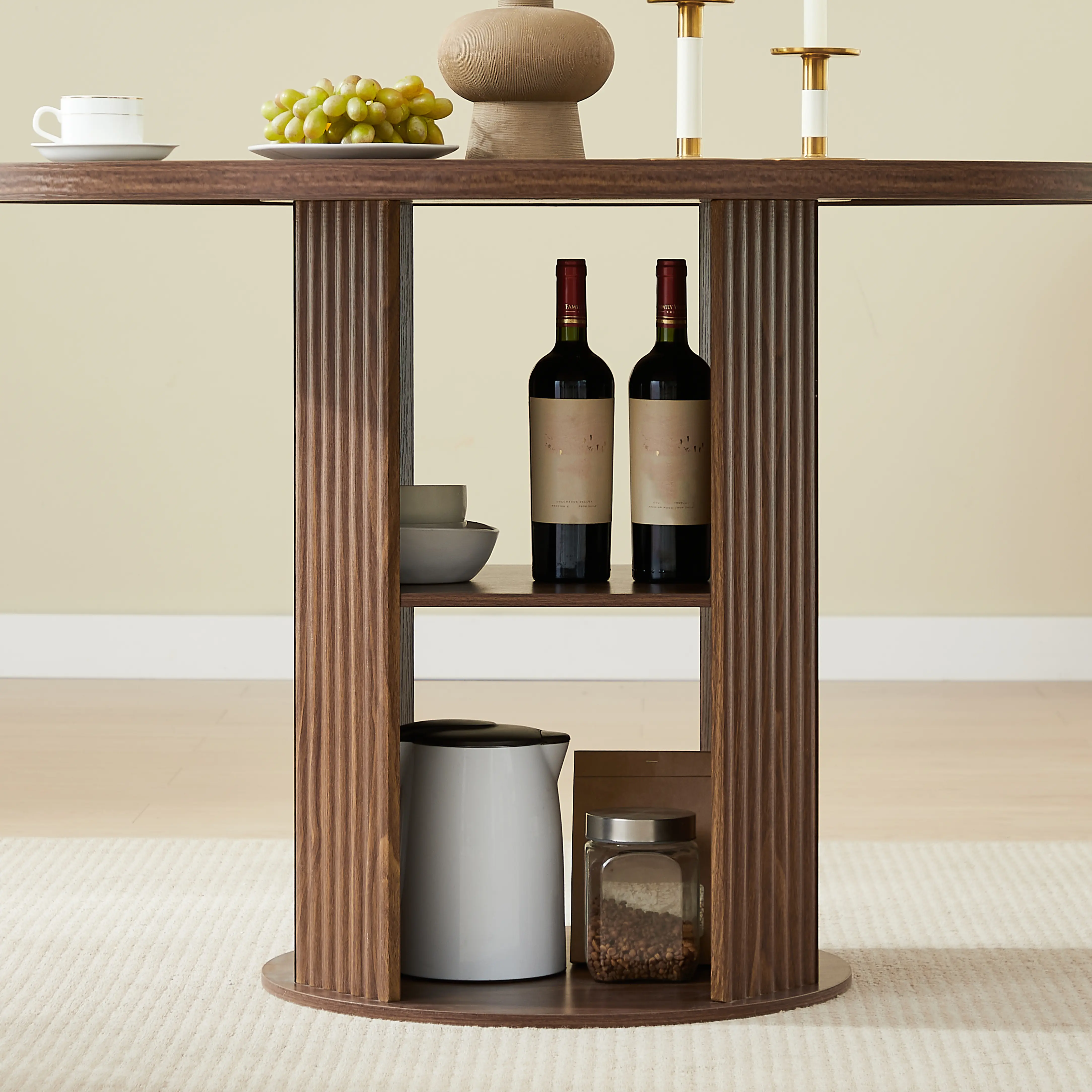 Aukfa 2 Pcs Round Dining Table Set with 2-Tier Storage Shelves, 2 Upholstered Chairs, Brown