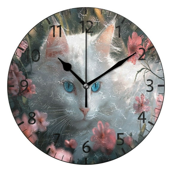 YAZAOO Decorative Wall Clock Size:25cm White Cat Design Pattern Clock