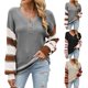 thumbnail image 4 of Top de manga larga para mujer, cuello en V, manga abombada, jersey de retales a rayas, blusa con botones, traje de otoño e invierno, gris L, 4 of 6