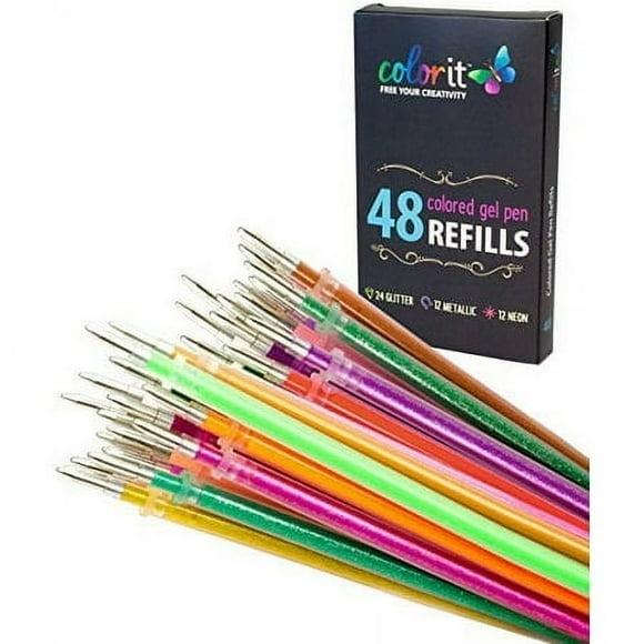ColorIt 48 Recharges de Stylo Gel pour Paillettes, Métalliques et Néon - Codé par Couleur pour Remplacement Facile (Gel)