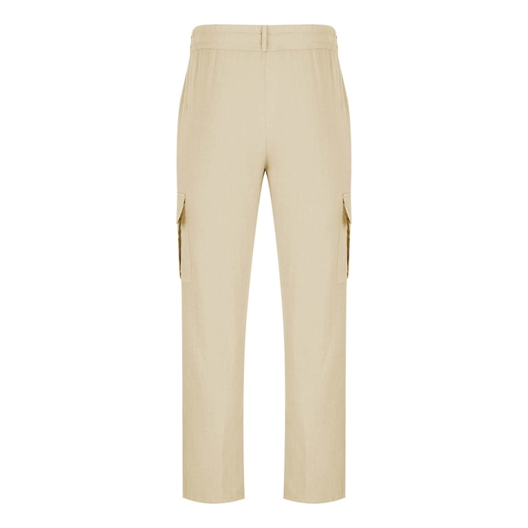 asjyhkr Men Cargo Pants Cotton Linen Drawstring Elastic Straight