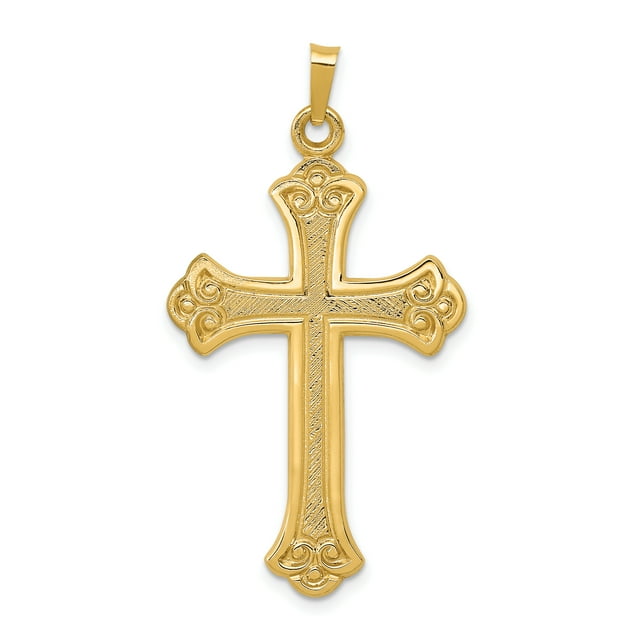 14K Yellow Gold Textured and Polished Fleur de lis Cross Pendant