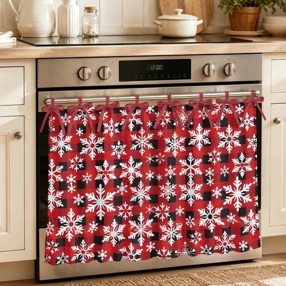 Christmas Oven Skirt Curtain 32"x24",Waterproof Ruffled Stove Cover Skirt with 8 Ribbon Ties,Winter Snowflakes Red Black Buffalo Plaid Decorative Oven Door Curtains for Kitchen Cabinet Storage