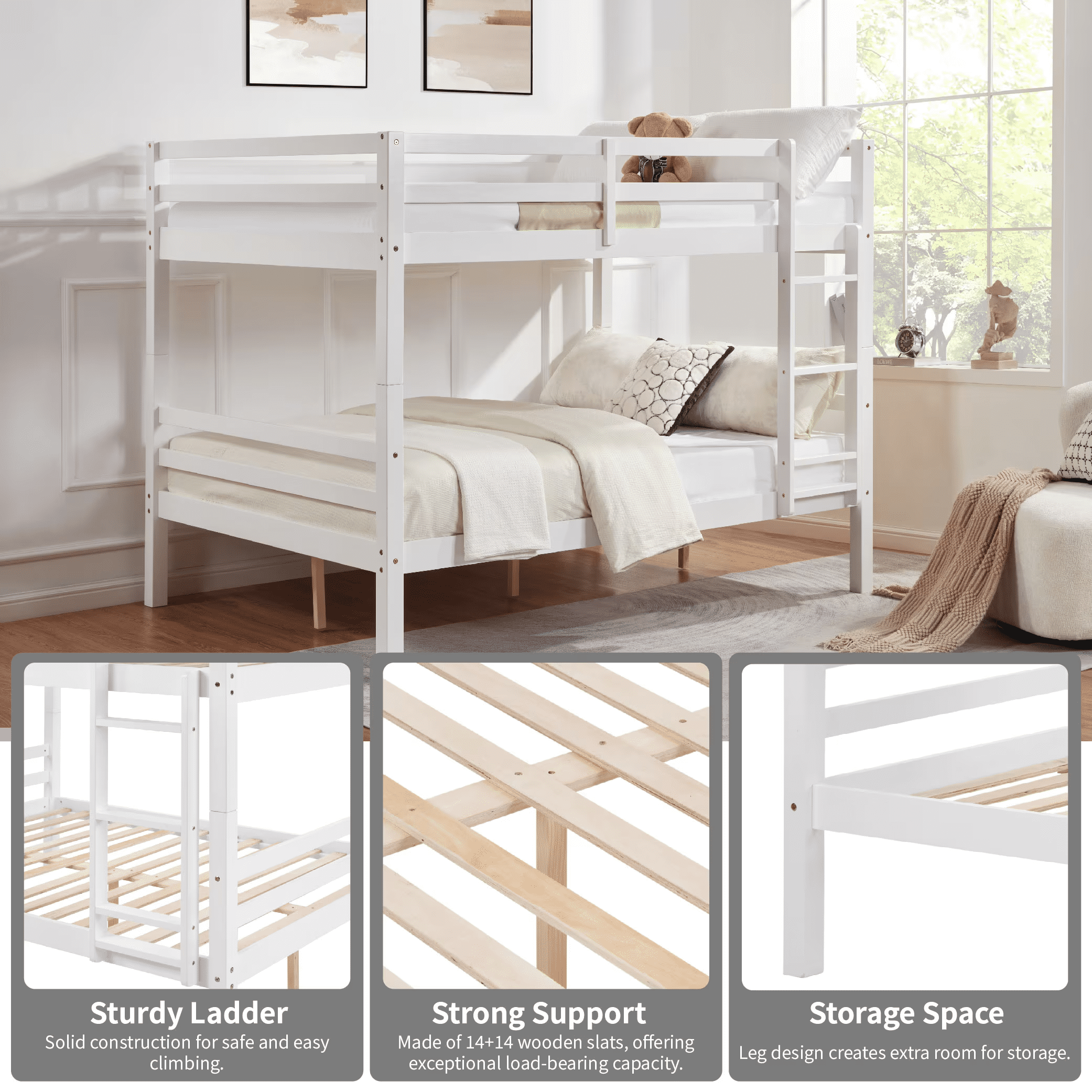 MAYEERTY Full over Full Bunk Bed with Thick Posts, Wooden Bed Frame with High Guardrail and Ladder for Teens, No Box Spring Needed, White