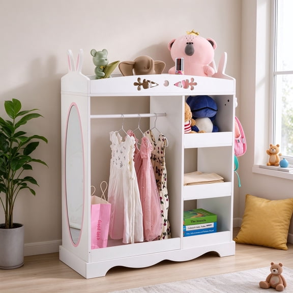 EDOEMSE White Bunny-Ear Children's Wardrobe, Fiberboard & Particle Board Kids Armoire with Mirror, 3 Shelves & Hanging Rod, 43.8" H