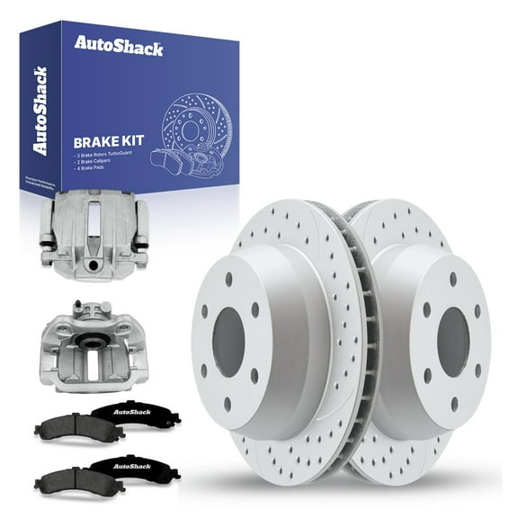 AutoShack Rear Drilled Slotted Brake Rotors Premium Ceramic Brake Pads Calipers | Replacement for GMC Sierra 1500 Chevrolet Silverado 1500 4WD RWD | Silver Matte Finish | 8-PC Brake Kit | TurboGuard