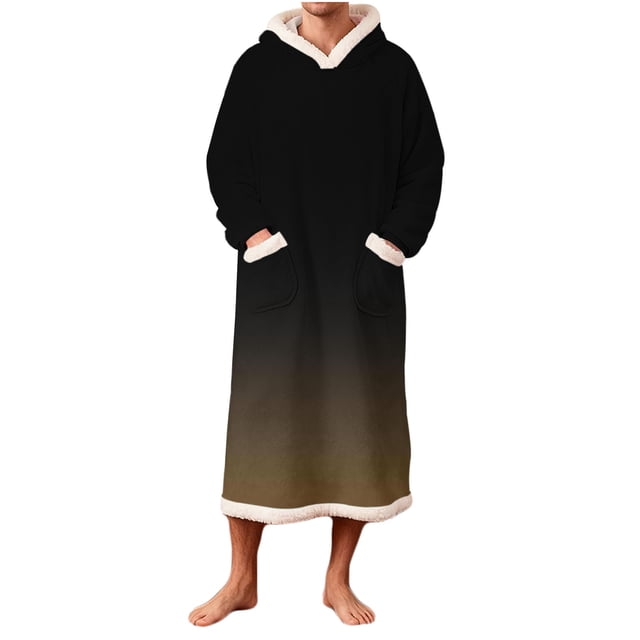 RXMEKW Gradient Fleece Hooded Robe for Men with Pockets, Long Sleeve Bathrobe for Lounging, Print