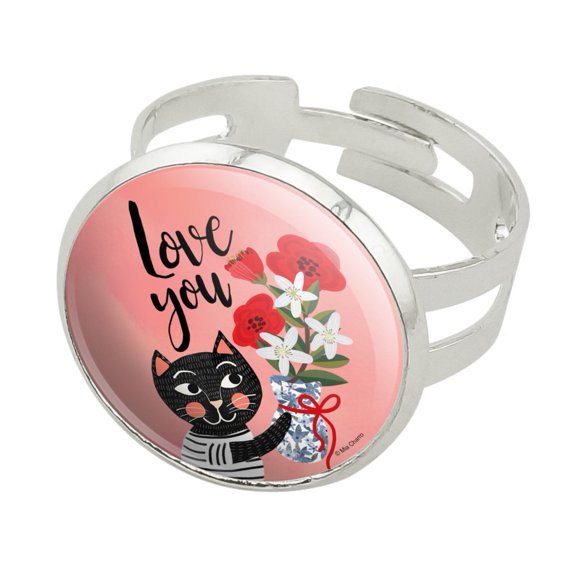 Love You Cat Flowers Silver Plated Adjustable Novelty Ring