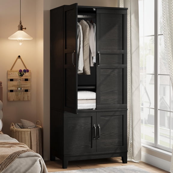 Armoire Wardrobe Closet with 4 Doors, 72 in Wooden Wardrobe Cabinet with Hanging Rod, Freestanding Tall Clothing Armoire Storage Cabinet with Adjustable Shelves for Bedroom, Black