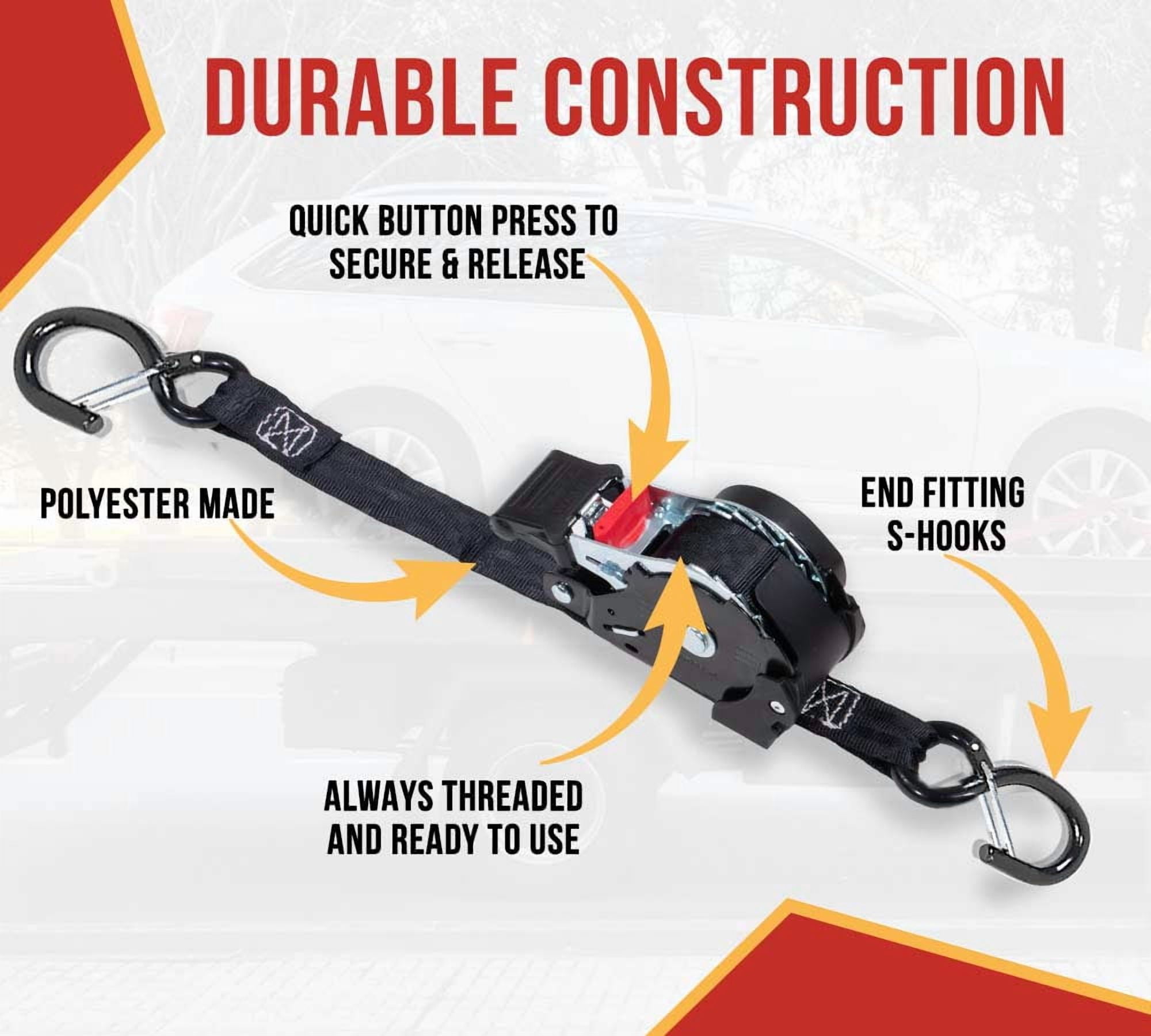 4 Auto Retract NO-RATCHETING Ratchet Straps | 1" x 12' Retractable Ratchet Straps with Coated S Hook Tiedowns for Motorcycles, ATVs, Bikes: Tight & Secure Pickup Trailer Tie-Down
