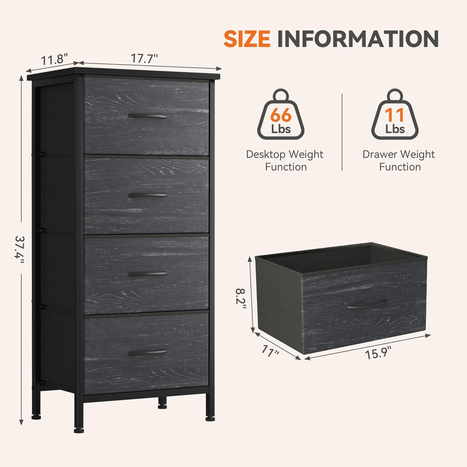 Telyra 4-Drawer Fabric Dresser 37.4" Tall Storage Tower with Wood Top and Steel Frame Narrow Organizer, Black Wood Grain