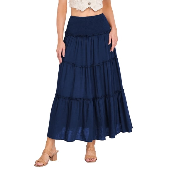 oqasdz Maxi Skirts for Women Casual Elegant High Waisted A Line Flowy Ruffles Solid Color Tiered Thin Breathable Formal Long Skirt