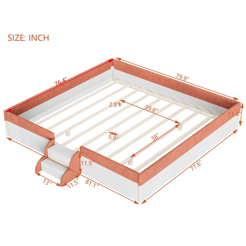 King Size Corduroy Upholstered Floor Bed Frame with Fence, Kids Low-Profile Platform Bed with 2-Tier Steps & Smart LED Lights