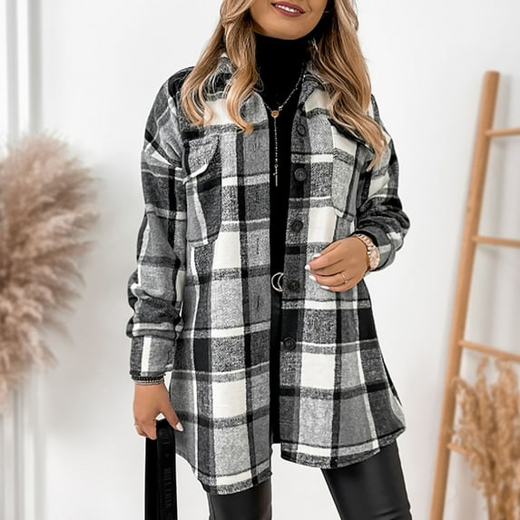 Tdoqot Women's Shacket Jacket- Plaid Button Down Casual Loose Fall Jackets for Women Black Size L