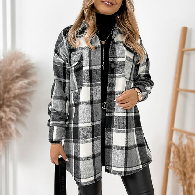 Aqestyerly Cardigan Veste à Carreaux pour Femmes avec Poches, Manteau à Revers à Manches Longues pour l'Automne et l'Hiver, Tenue Quotidienne HWRETIE
