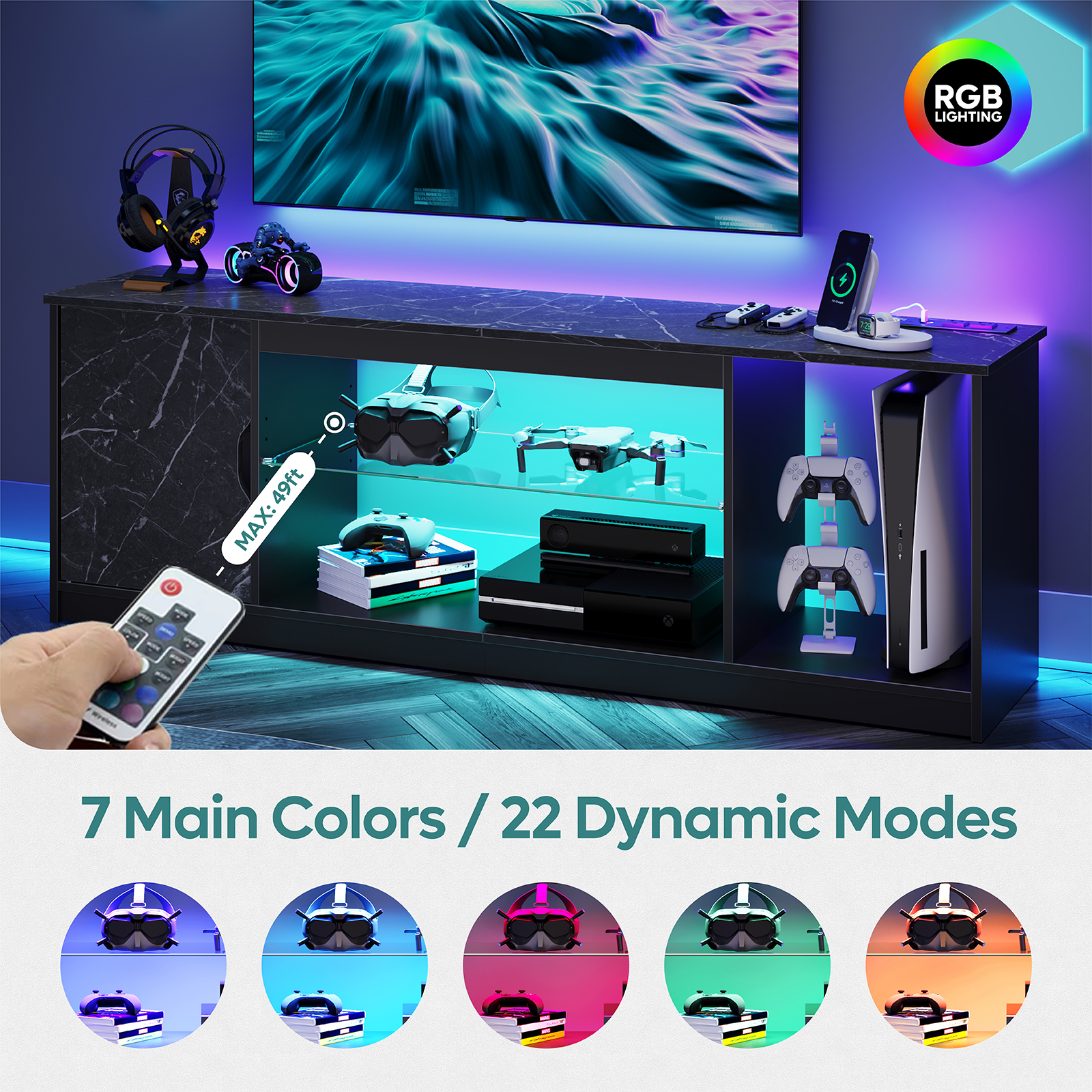 Bestier 65" TV Stand with LED Lights and Power Outlets, Black Marble photo 2