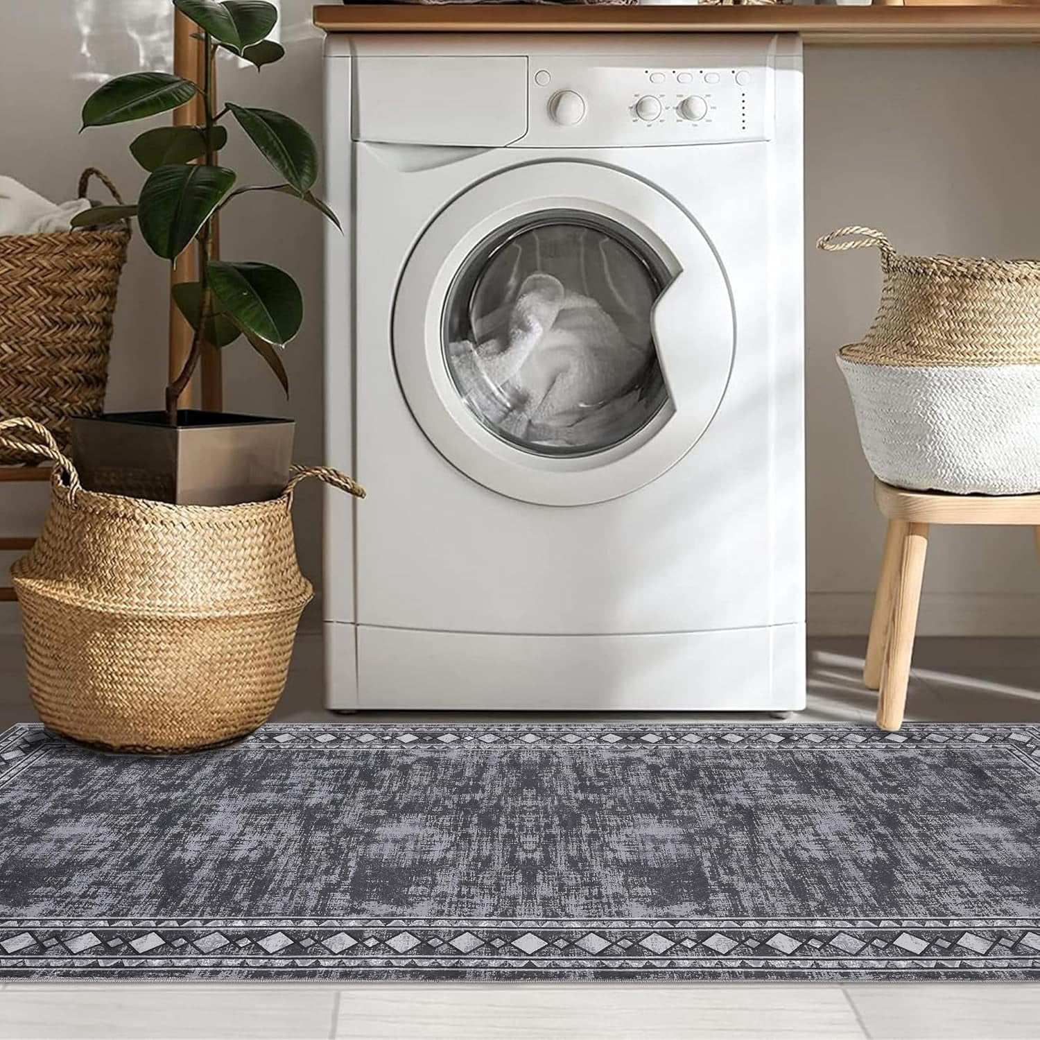 Runner for Hallway 2x6 Washable Kitchen Rug Non Slip Vintage Farmhouse Soft Grey Low Pile for Living Room Bedroom Decor Nursery