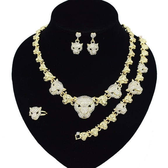 Women's Hugs & Kisses XOXO Leopard Animal Pedant 18k Real Gold Plated Layered 4 Pieces Necklace Set Includes a Necklace Bracelet Ring Earrings