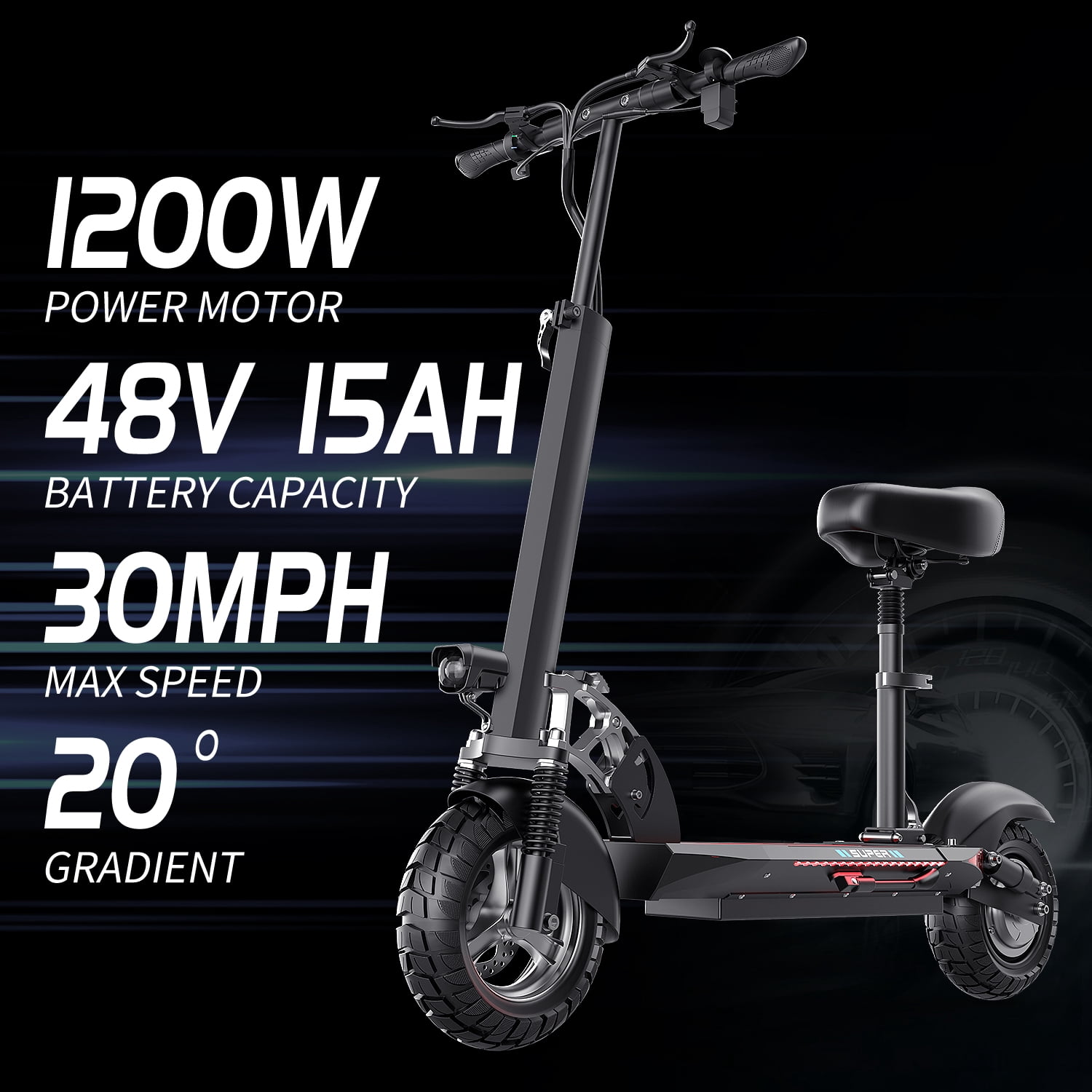 ASKGO Q2 1200W Peak Off Road Electric Scooter for Adults ,3 speed&27MPH &35Mile Escooter,48V 15AH Electric Scooter With Detachable/Foldable seat, 10''Tire All Terrain，330LBS Capacity，UL2272