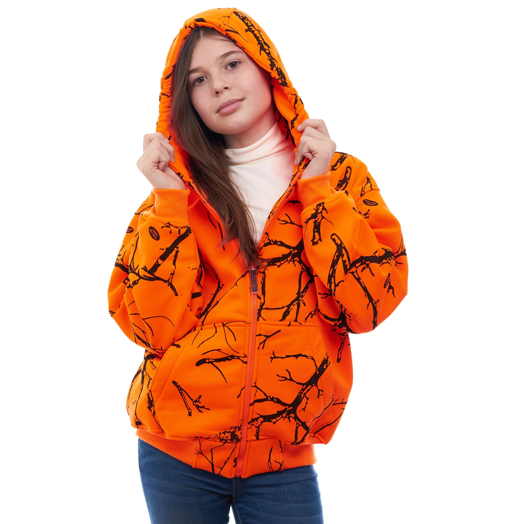 Kids Orange Safety Full Zip High Visibility Thick Fleece Hooded Sweatshirt Hunting Jacket Orange Camo Large Walmart