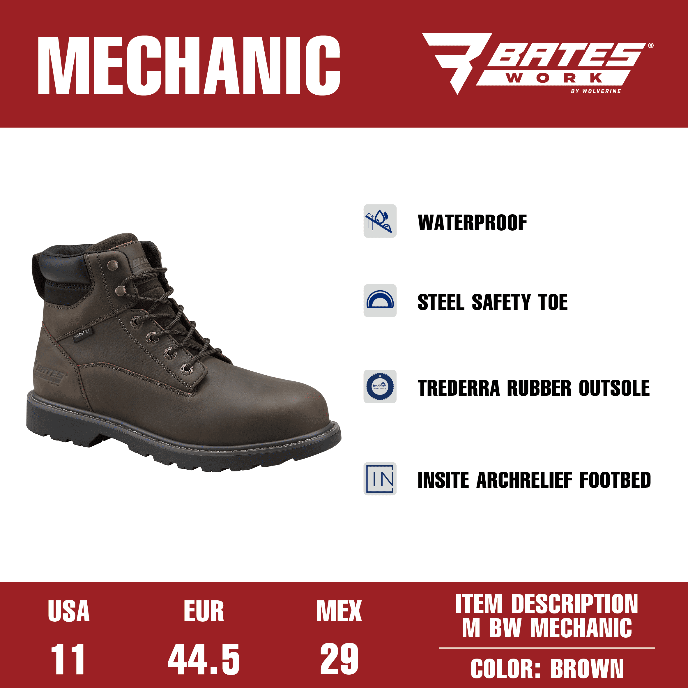 Bates Work by Wolverine Men's Mechanic Waterproof Steel Toe Work Boot