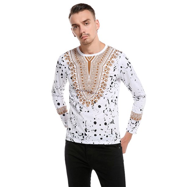 Camiseta De Manga Larga Con Estampado Floral En 3D De Estilo Étnico Para Hombre (Blanco) (Xxl)-195592.04 Likrtyny Caballero