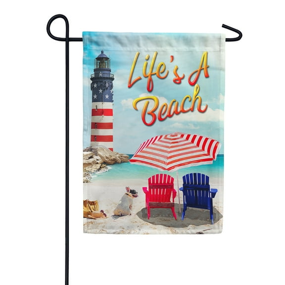 America Forever Life's a Beach Summer Nautical Garden Flag 12.5 x 18 inches Adriondack Chairs Patriotic Lighthouse Tropical Double Sided Seasonal Yard Outdoor Decorative Tranquil Coastal Flag