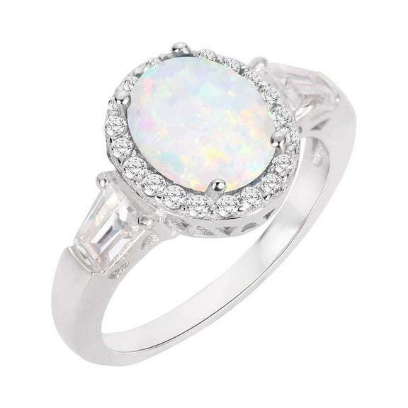 Oval Halo White Simulated Opal Ring Sterling Silver Size 12