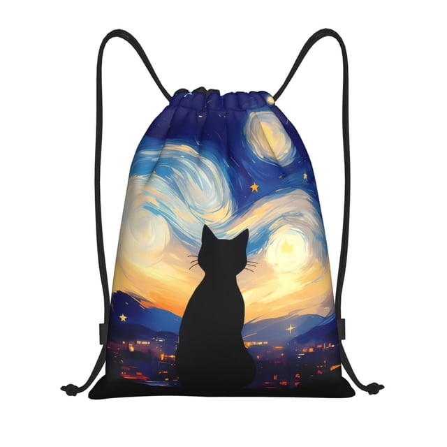 Xecao Cat Under Starry Skies Pattern Sports Drawstring Backpack - String Swim Gym Bag with Wet Proof Pocket for Women&Men-Small