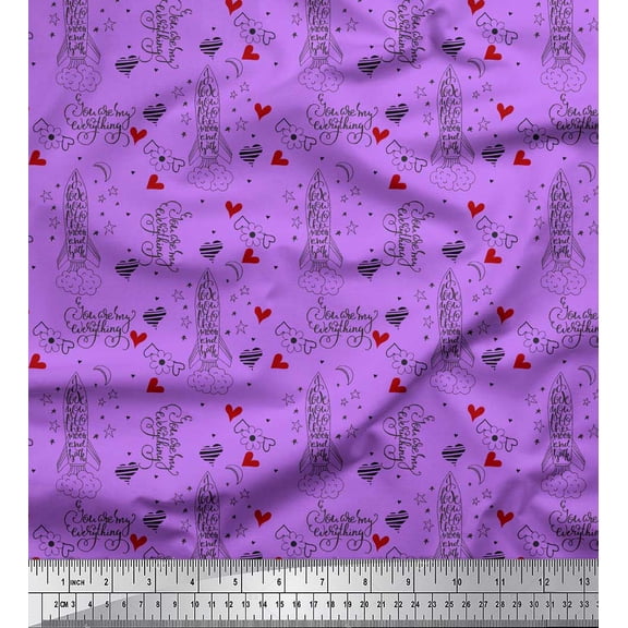 Soimoi Purple Poly Georgette Fabric Rocket & You Are My Everything Text Printed Craft Fabric by the Yard 42 Inch Wide