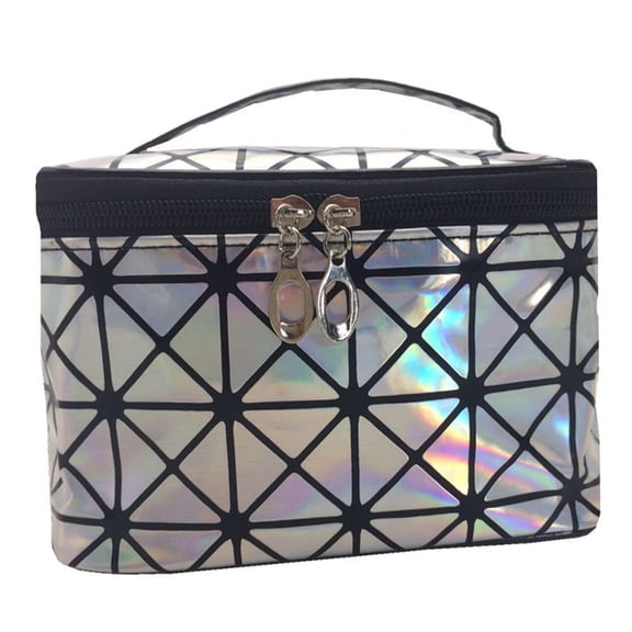 Fashion Handbag Travel Wash Bag Large Capacity Stripe Lattice Laser Toiletry Bag Zipper Makeup Bag Women Cosmetic Bag Korean Storage Bag SILVER