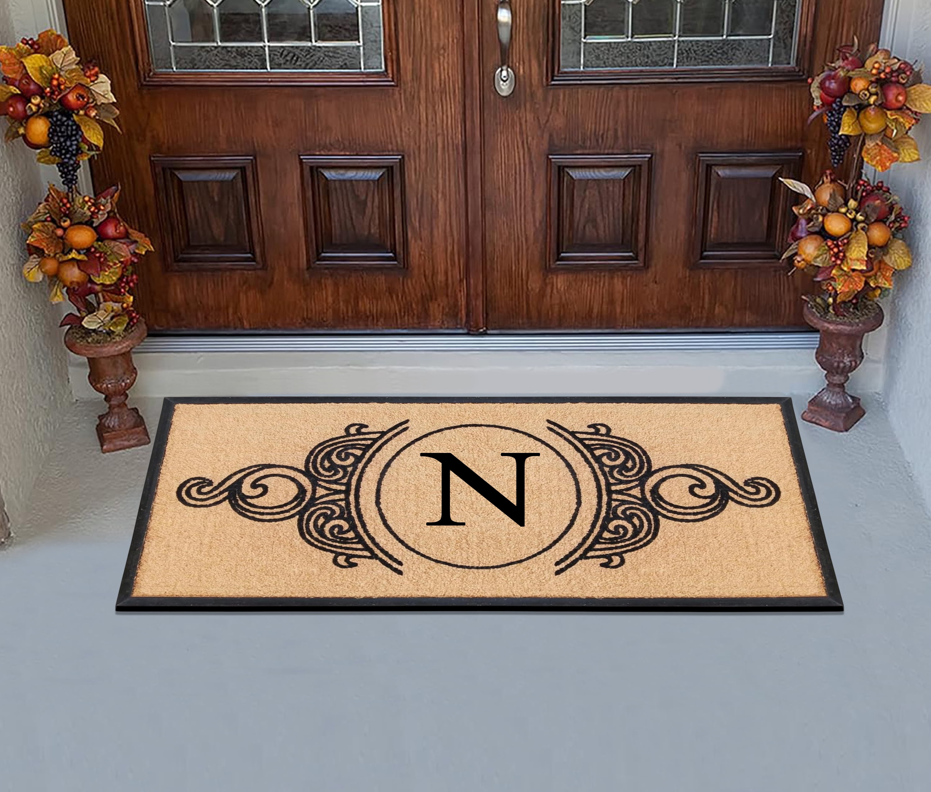 A1HC 30"x60" Natural Coir & Rubber Floral Monogrammed Door Mat, Thick Durable Heavy Duty Welcome Mat for Front Door