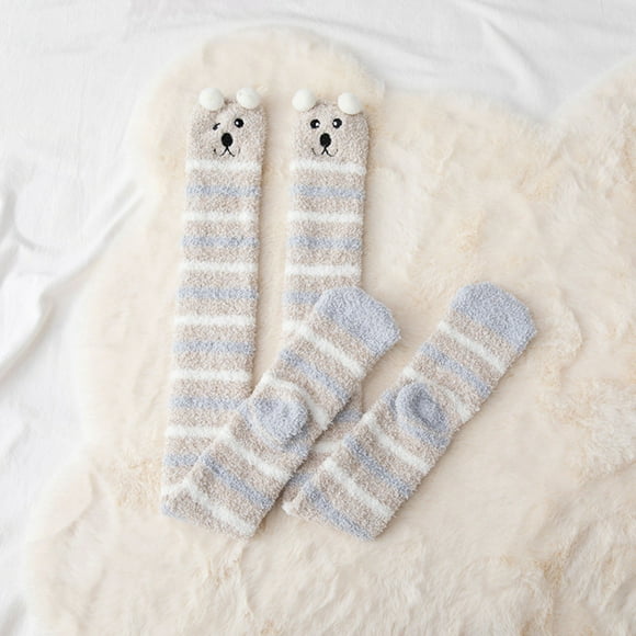 Chaussettes à Moins de 10$ Grises en Polaire Corail pour Femmes Chaussettes Épaisses au-Dessus du Genou Serviette de Sommeil Chaude Rayée