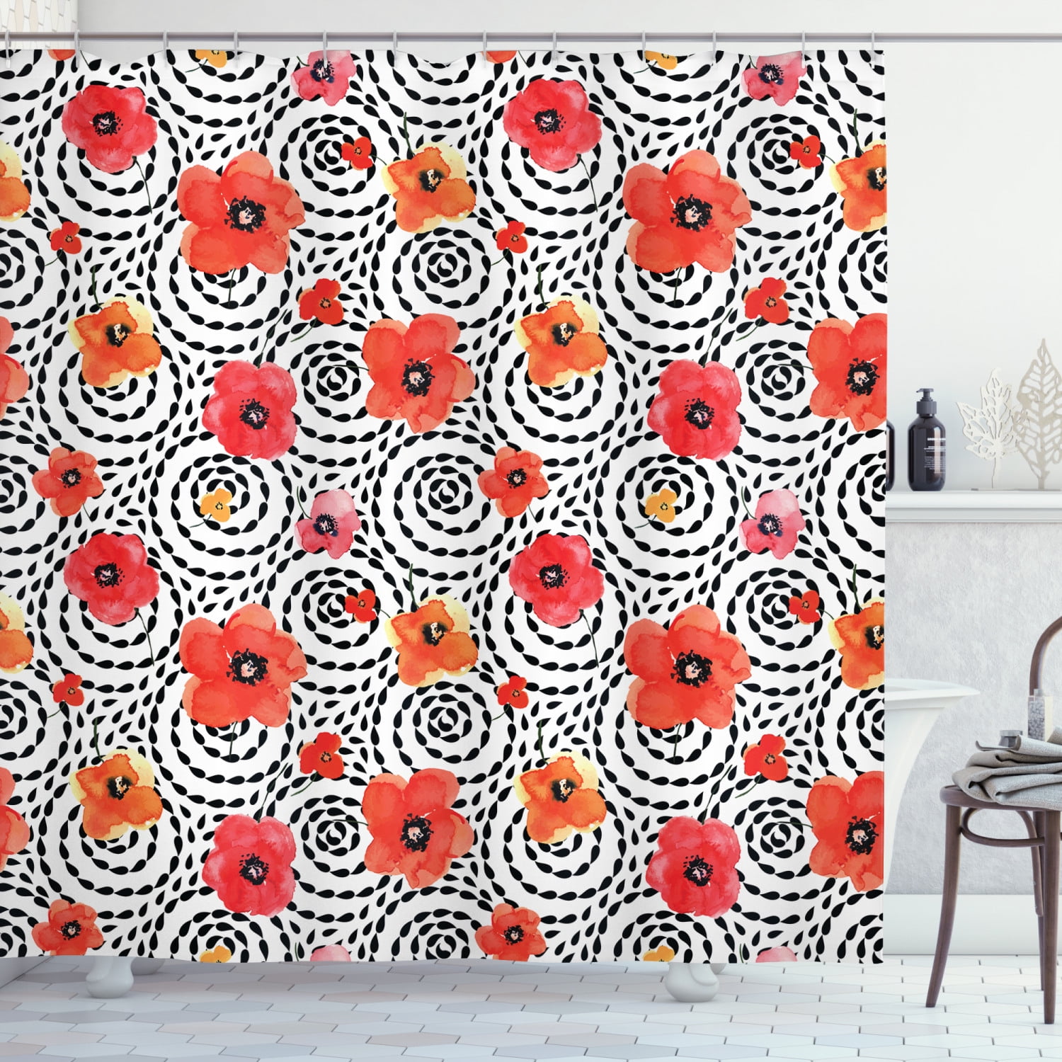 Poppy Shower Curtain, Watercolor Tender Poppy Petals on Black Spiral