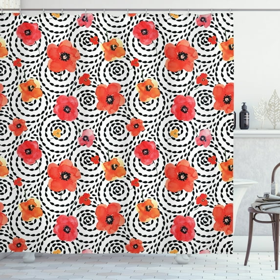 Poppy Shower Curtain, Watercolor Tender Poppy Petals on Black Spiral Blots Background Print, Fabric Bathroom Set with Hooks, 69W X 84L Inches Extra Long, Vermilion Black and Pink, by Ambesonne