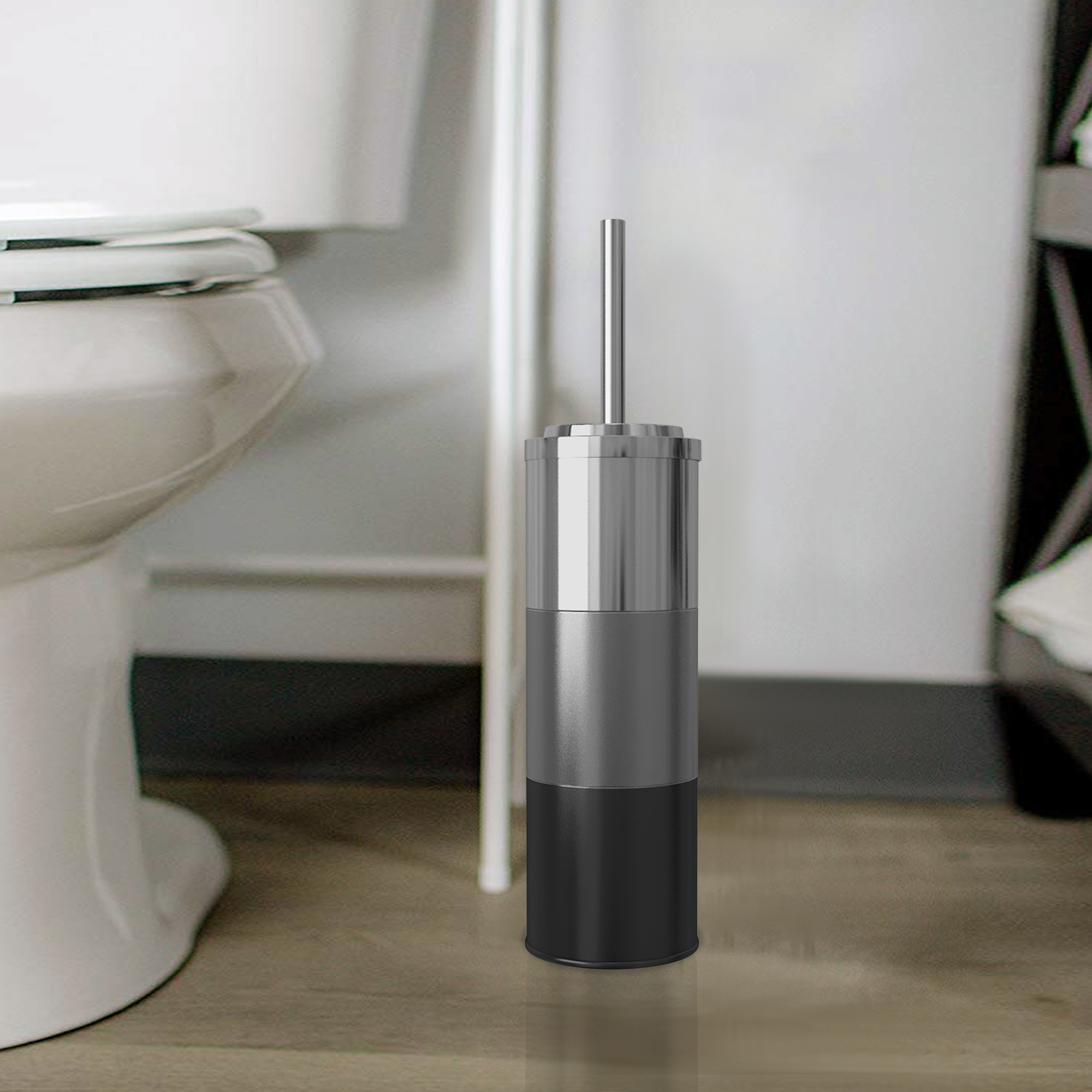 Slim Compact Stainless Steel Toilet Brush Holder For Bathroom Storage - Sturdy, Deep Cleaning, Metal With 3-Tone Platinum Finish