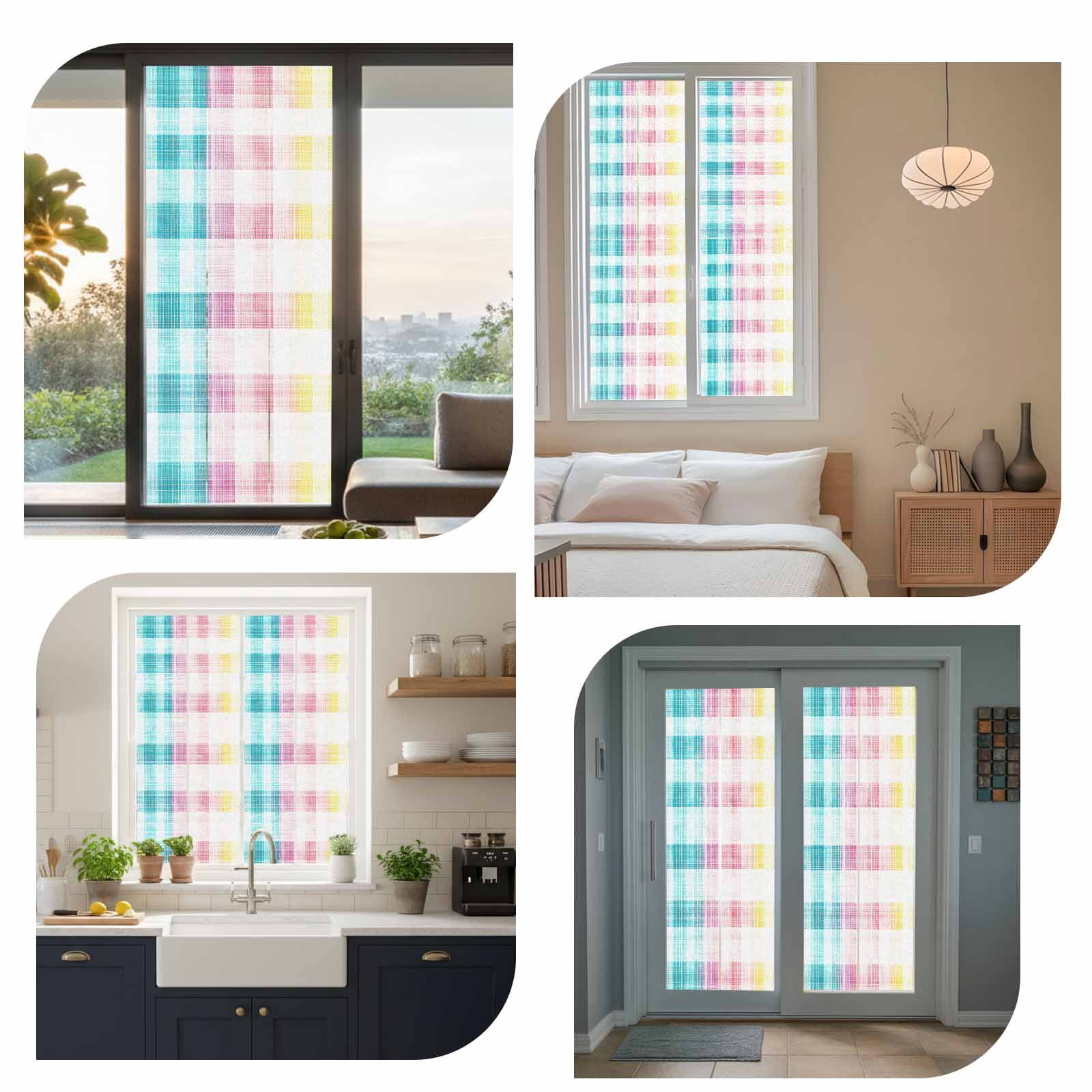 Happy Easter Window Privacy Film, Watercolor Gradient Pink Blue Yellow Buffalo Plaid Frosted Glass Window Clings Static Cling UV Heat Blocking Reusable Door Sticker for Bathroom 23.6 x 59 Inch
