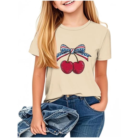 Generic Girls 4th of July Coquette Cherry Shirts Short Sleeve USA Flag Graphic T-Shirt Independence Day Blouse for 2-13 Years