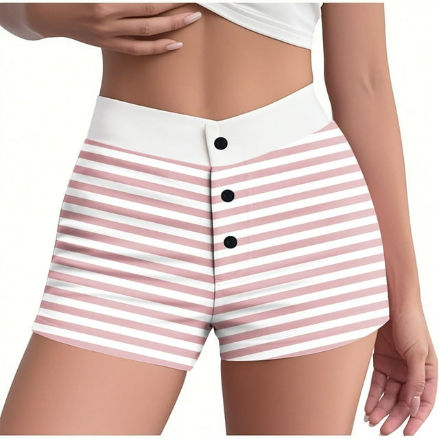 Pantalones cortos de pijama ajustados de cintura alta con botones y cintura elástica a rayas de verano para mujer, pantalones de poliéster para mujer