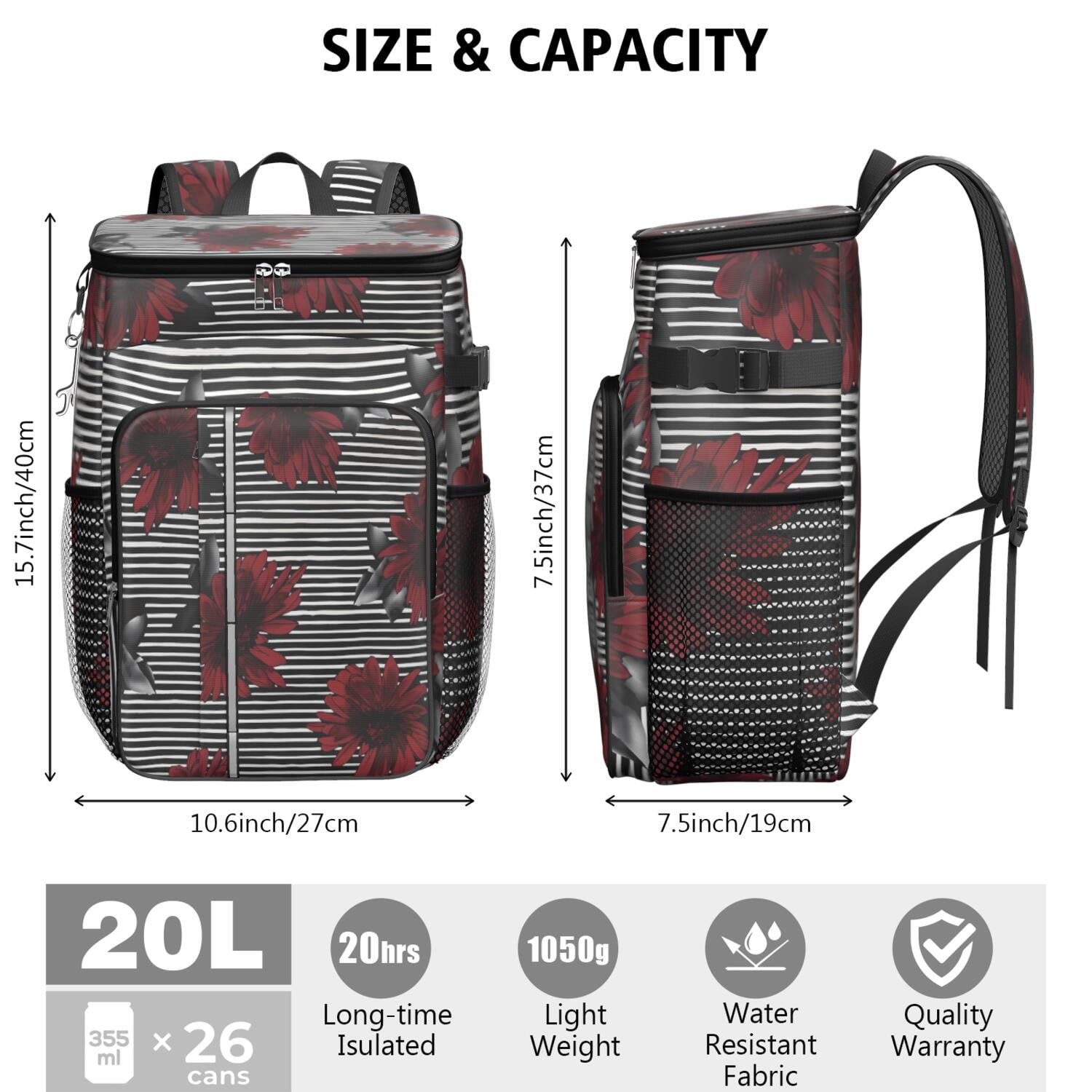 Travel Cooler Bag - Pioneer Flower Floral Print Pattern Camping Beer Cooler Backpack with Bottle Opener- Waterproof Insulated Picnic Backpacks - Cooler Bag for Beach