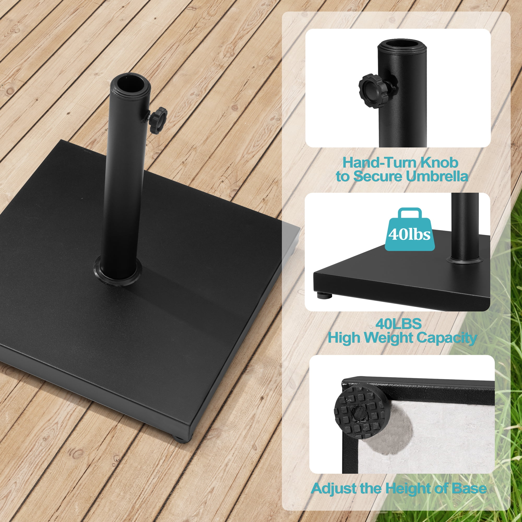 Pellebant 43 lbs Cement-Filled Square Umbrella Base Heavy Duty Patio Market Umbrella Stand, Black