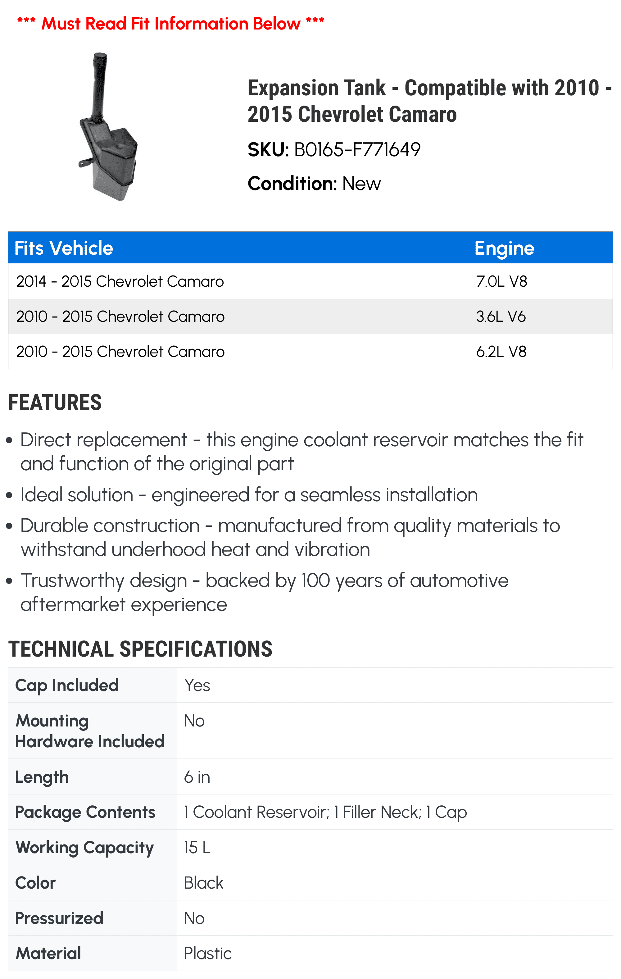 Expansion Tank - Compatible with 2010 - 2015 Chevy Camaro 2011 2012 2013 2014