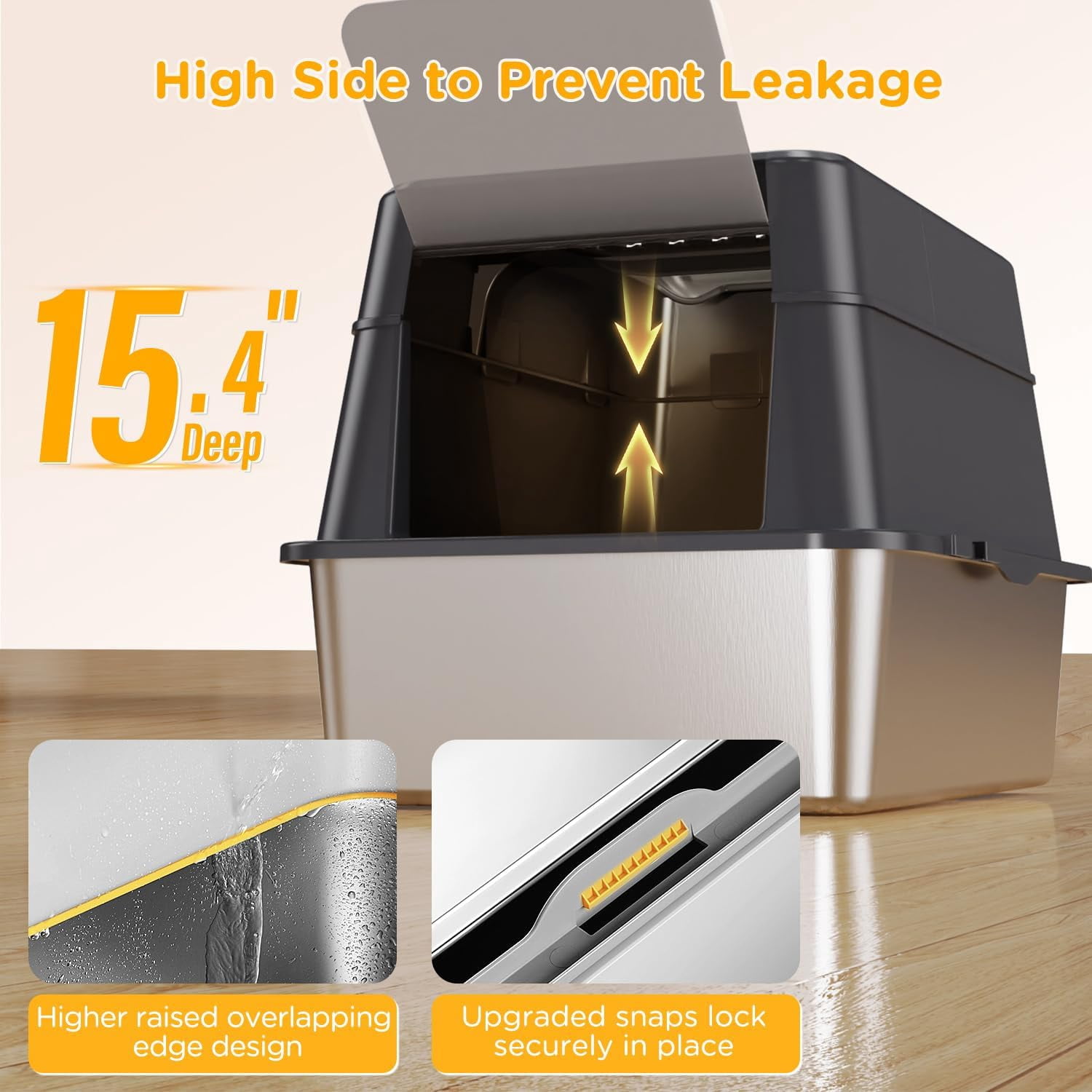 Stainless Steel Litter Box with Lid, XL Closed Metal Litter Box Modular Design with Flip Lid Fits All Cats, Extra Large Covered High Sided Cat Box, Scoop, Non-Sticky, Easy Cleaning (Dark Grey)